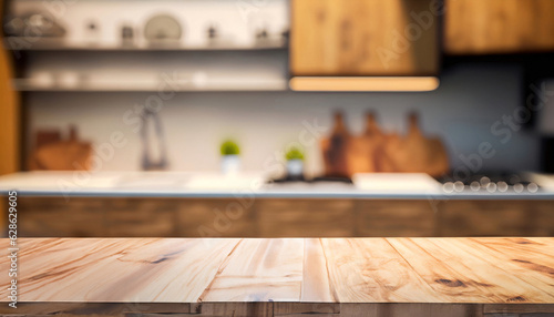 Empty wooden table and blurred background of modern kitchen. for product display