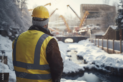 construction worker is looking at crane on the snow