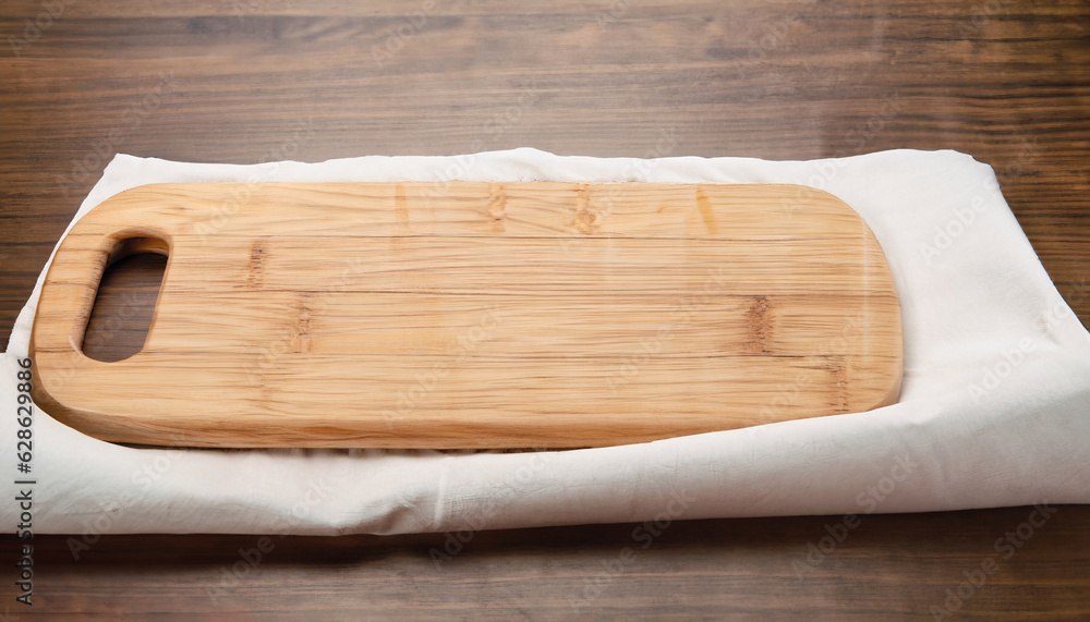Empty wooden cutting board on a white tablecloth on a wooden background Empty wooden cutting board on a white tablecloth on a wooden background