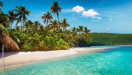 Fototapeta Naklejka Na Ścianę i Meble -  Beautiful beach with palm trees at Seychelles - nature background