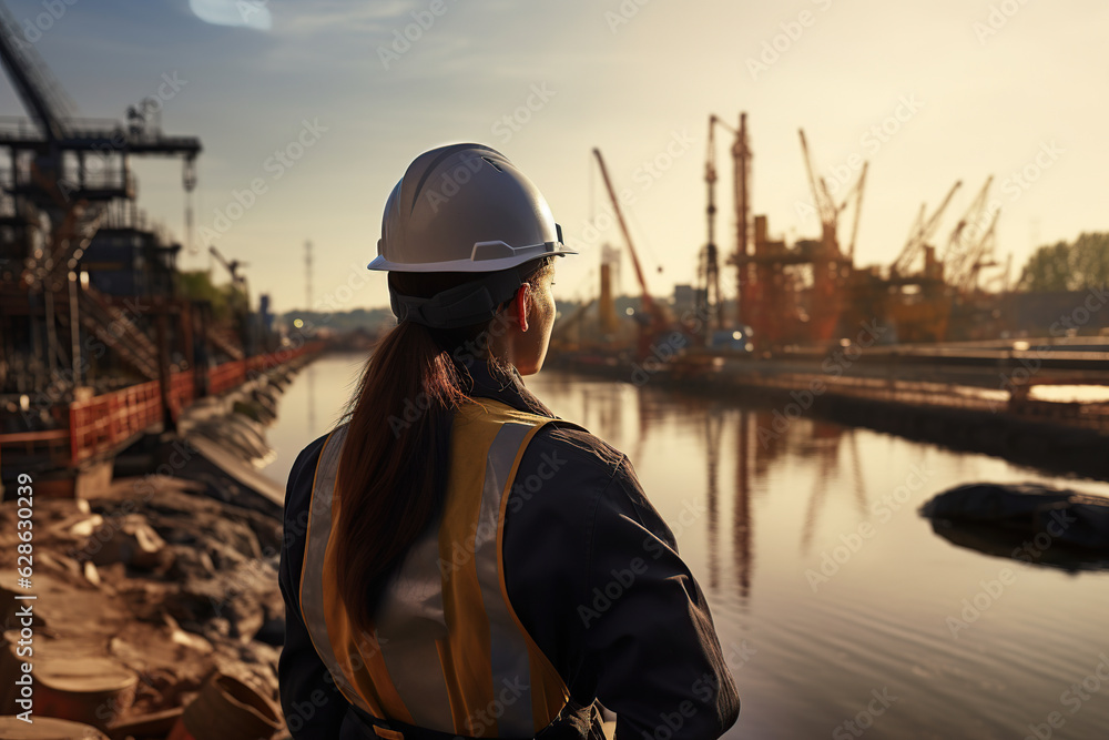 woman construction worker is looking at crane woman construction worker is looking at crane
