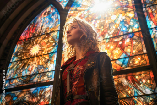 Spiritual enlightenment of a young person surrounded by vibrant stained glass windows in a historic church photo