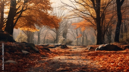 an image of an autumn forest with leaves on the ground