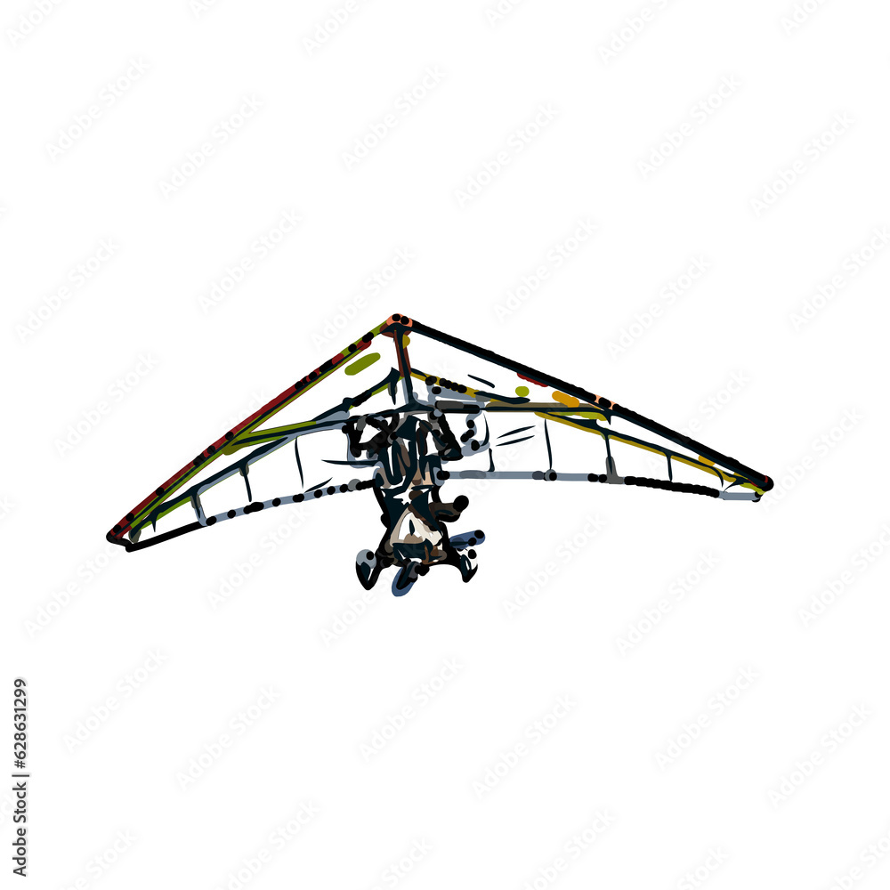 Color sketch of a person playing hang gliding with transparent background