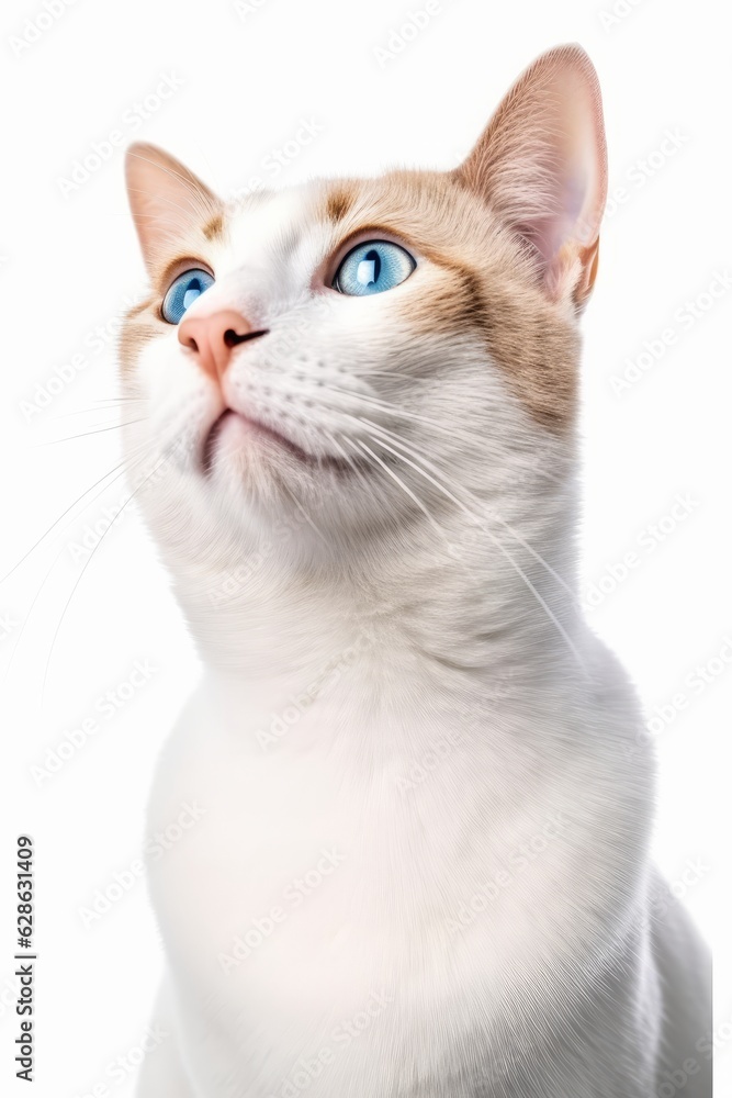 an orange and white cat with blue eyes looking up