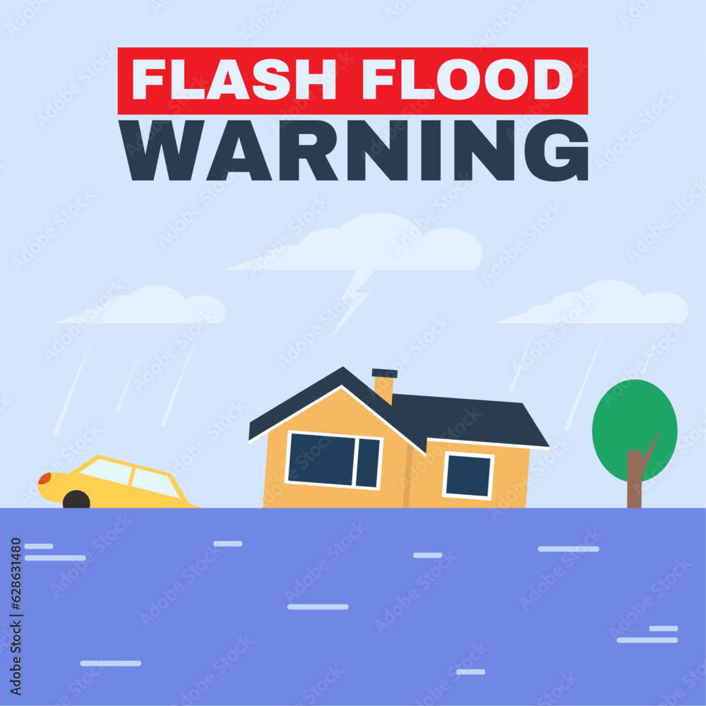 Flash flood warning. Natural disaster alert. Storm, rain, flooded home.