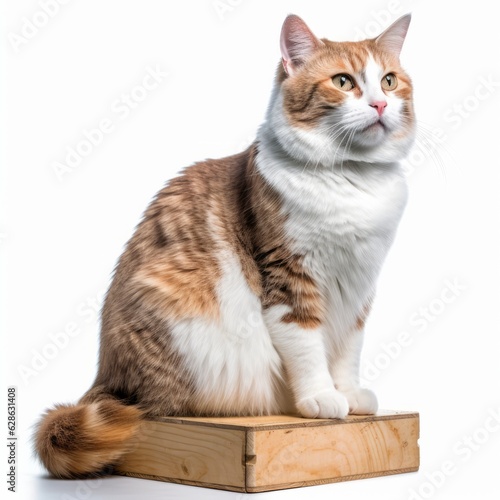 an orange and white cat sitting on top of a wooden box