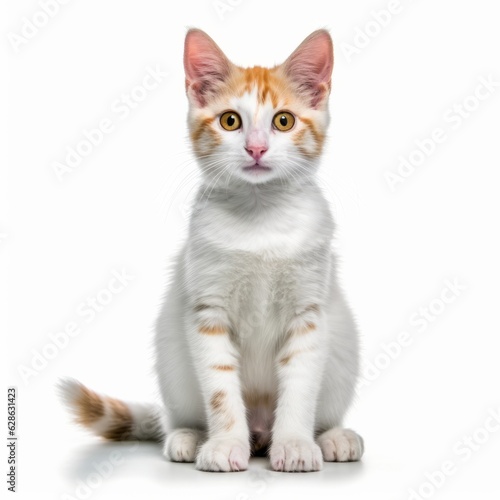 an orange and white kitten sitting on a white background