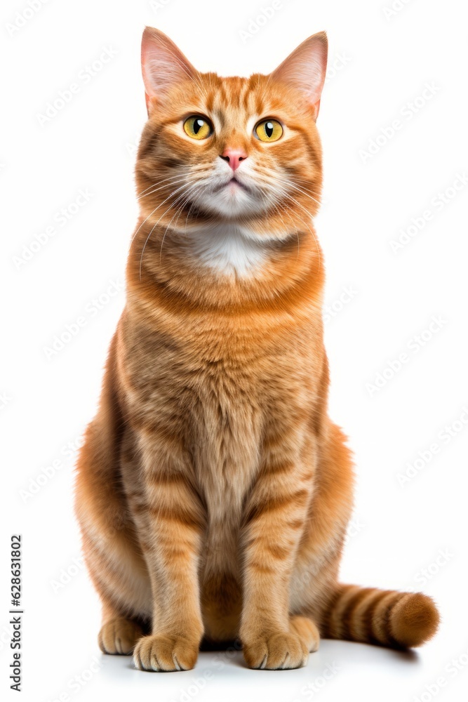 an orange tabby cat sitting down on a white background