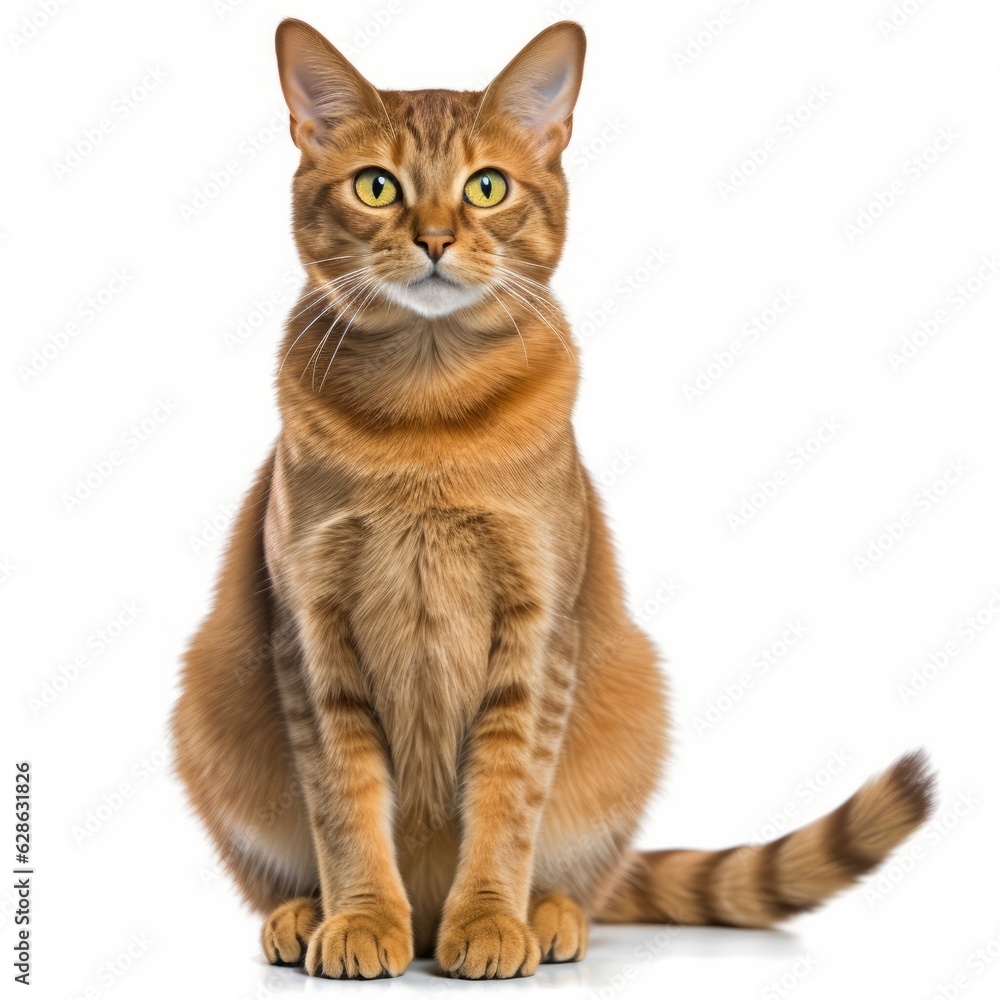 an orange tabby cat sitting in front of a white background