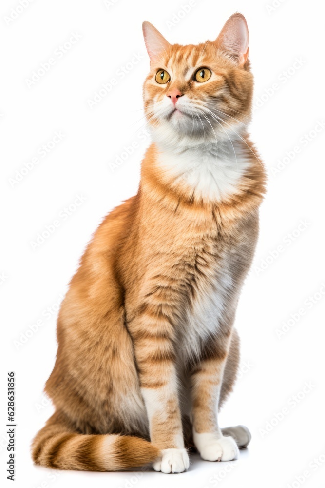 an orange tabby cat sitting on a white background