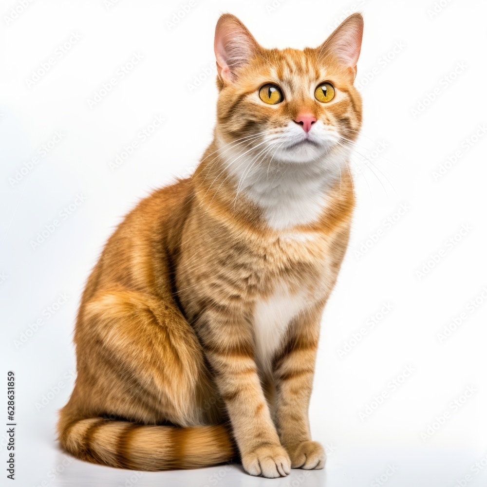 an orange tabby cat sitting on a white background