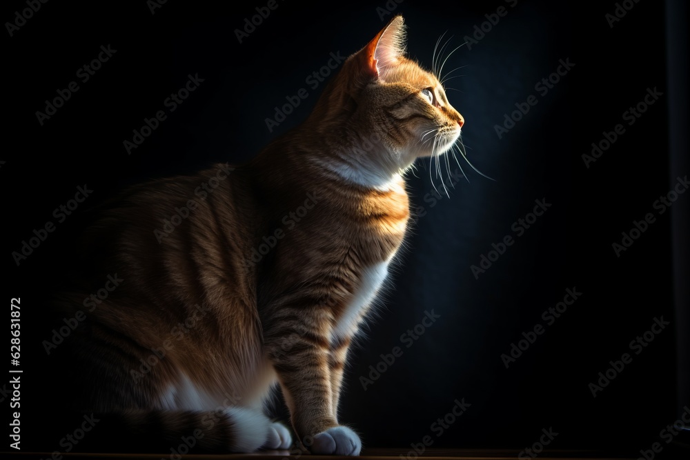 an orange tabby cat sitting on a window sill in the dark