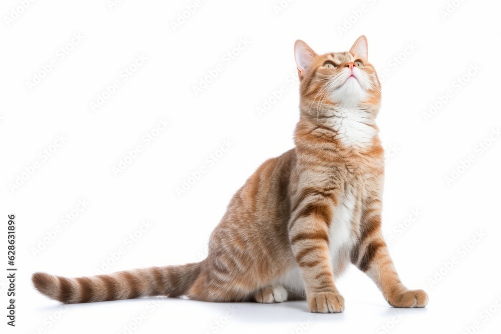 an orange tabby cat sitting on the ground looking up