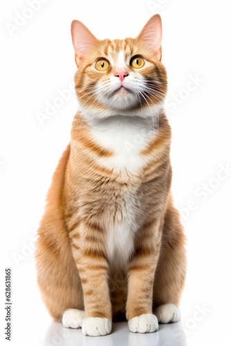 an orange tabby cat sitting on a white surface
