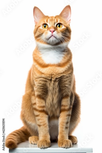 an orange tabby cat sitting on top of a white table