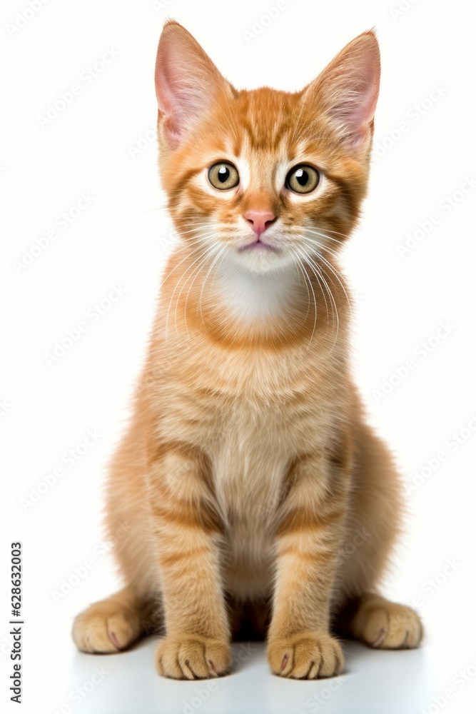 an orange tabby kitten sitting on a white background