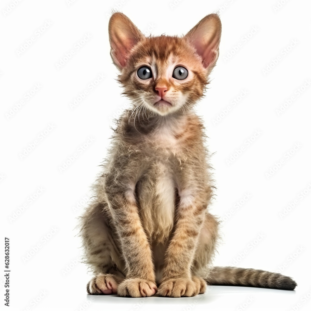 an orange tabby kitten sitting on a white background