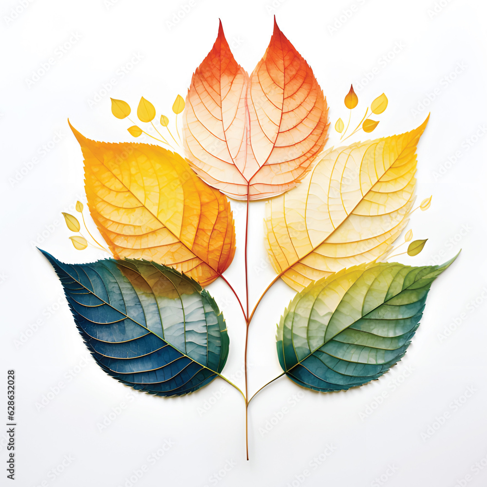 Beautiful leaves wet watercolor painting art illustration on white background.GenerativeAI.