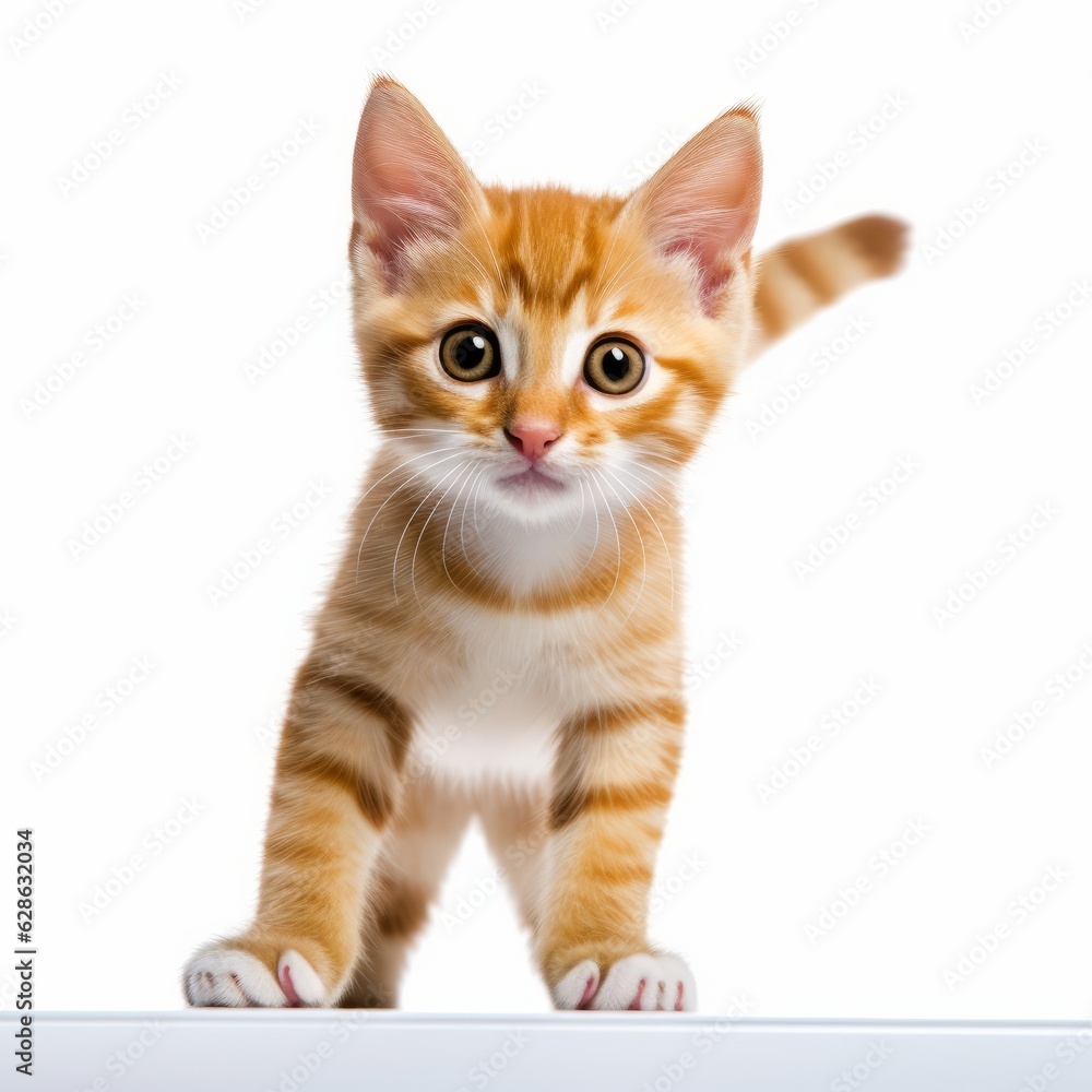 an orange tabby kitten standing on top of a white surface