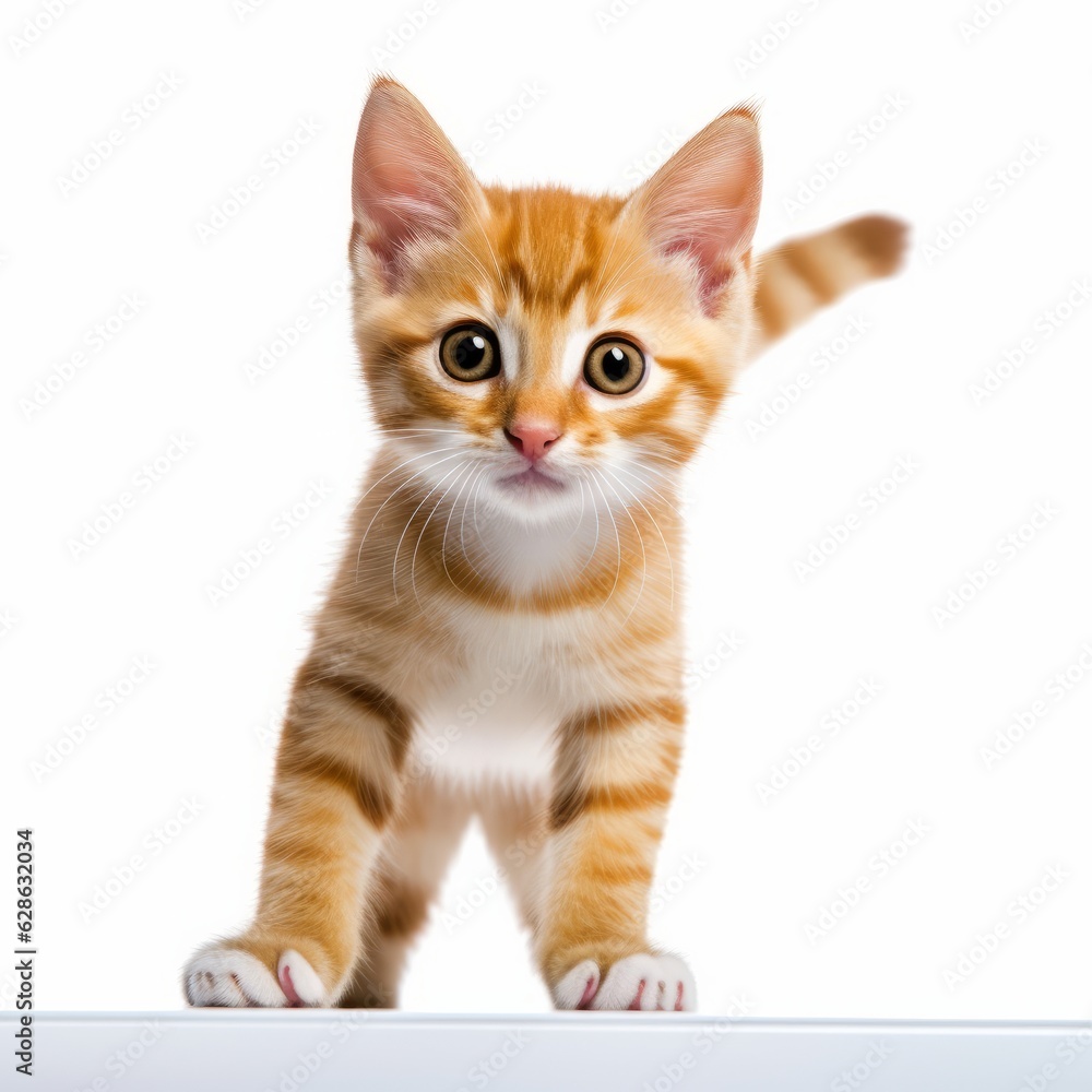 Fototapeta premium an orange tabby kitten standing on top of a white surface