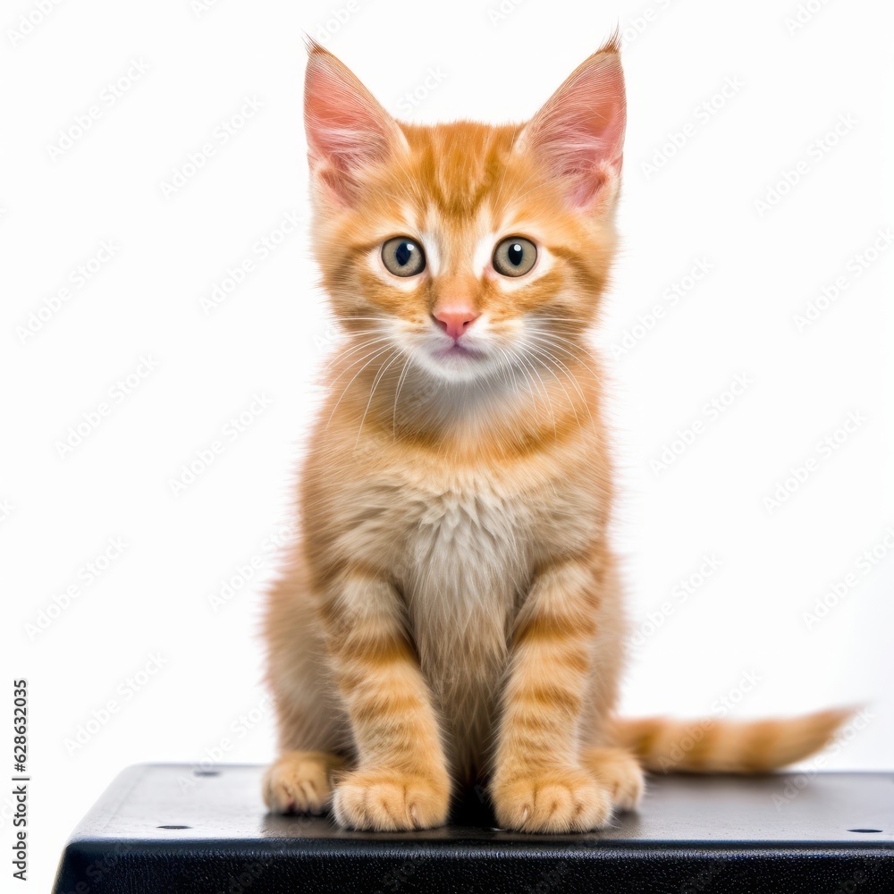 an orange tabby kitten sitting on top of a black box an orange tabby kitten sitting on top of a black box
