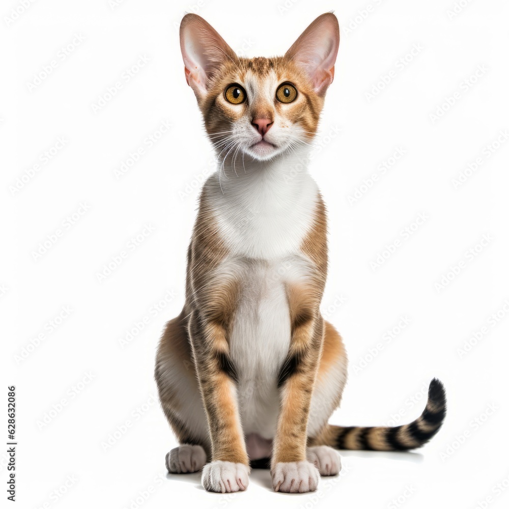 an oriental shorthair cat sitting in front of a white background