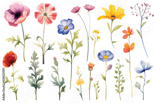 various watercolor painting of summer flowers wet white background isolated.GenerativeAI.