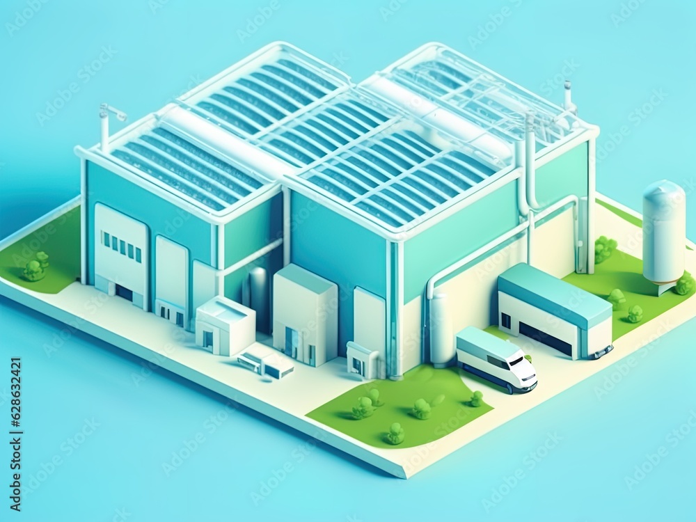 3 d isometric vector illustration of the factory with a solar panel