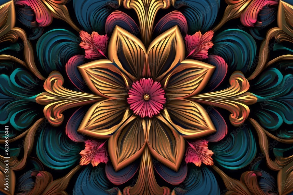 an ornate floral pattern in gold blue and red colors