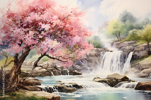 Chinese painting, spring landscape in the mountains above the river with sakura blossoms. Springtime watercolour paint water fog near rocky mount waterfall.GenerativeAI.