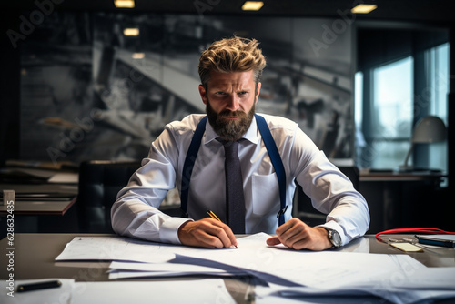 Male construction engineer working in the office. High quality photo