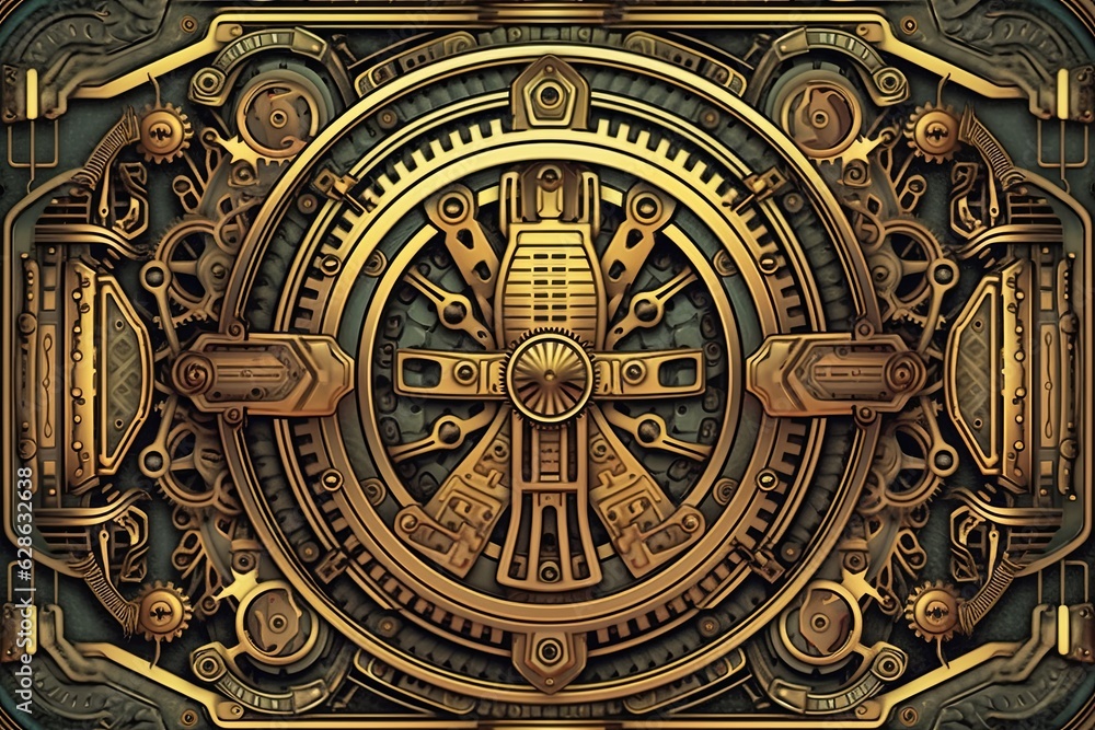 an ornate gold and black design with a clock in the center