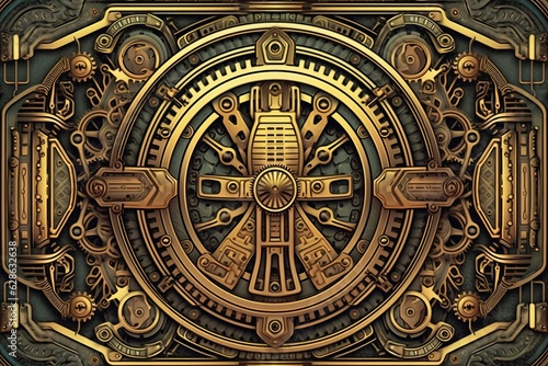 an ornate gold and black design with a clock in the center