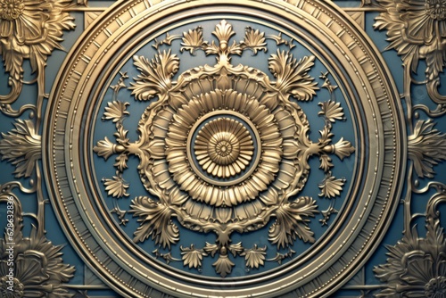 an ornate gold and blue wall with a circular design