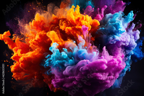 Multicolored powder, smoke and ink explode on a black background, colored abstract background