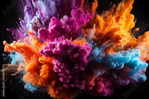 Multicolored powder, smoke and ink explode on a black background, colored abstract background