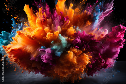 Multicolored powder, smoke and ink explode on a black background, colored abstract background