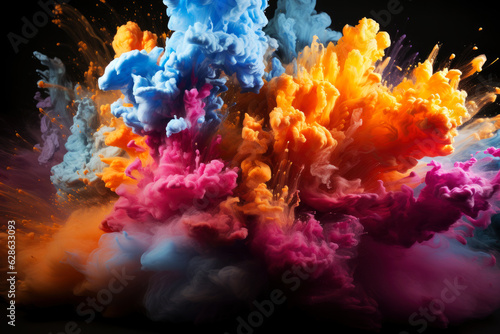 Multicolored powder  smoke and ink explode on a black background  colored abstract background