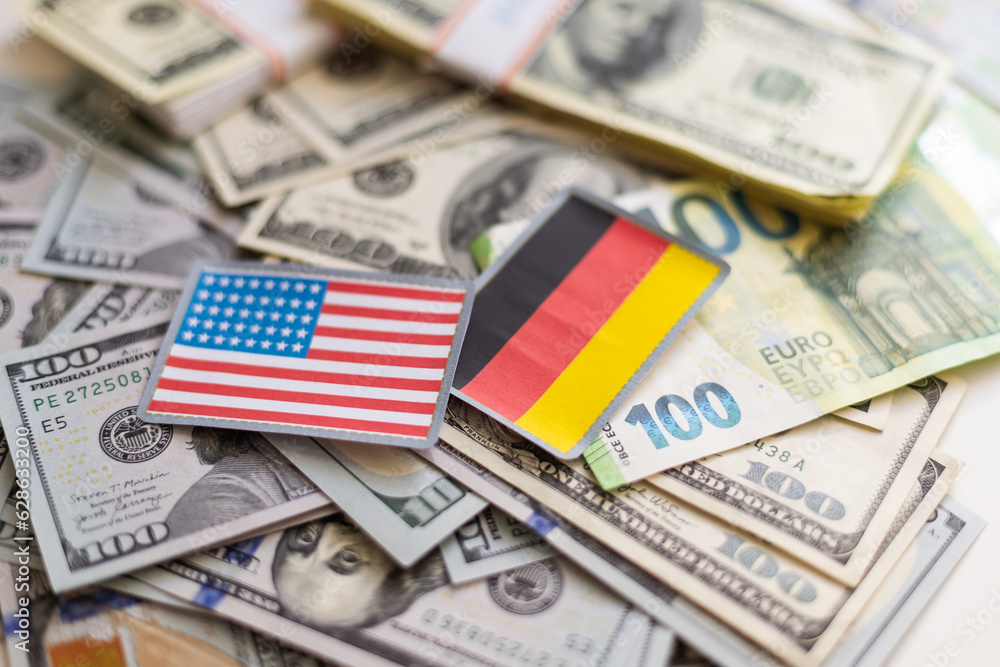 Usa and Dollar and Germany Realistic Flags Together - 3D illustration Fabric Texture Usa and Dollar and Germany Realistic Flags Together - 3D illustration Fabric Texture