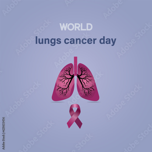 World Lung Cancer Day Poster with white cancer awareness ribbon vector. White awareness ribbon, human lungs, and world silhouette icon vector. August 1. Important day