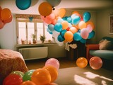 birthday party. colorful balloons and decorations on the floor