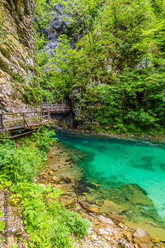 A view of a walkway beside a calmer section of the Radovna River in the Vintgar Gorge in Slovenia in summertime