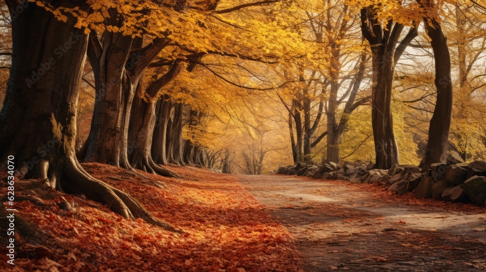 Fototapeta premium autumn trees line a path in the woods with leaves on the ground