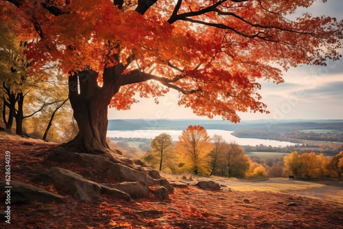 autumn tree on the hillside with a lake in the background
