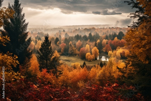 autumn trees in the forest under a cloudy sky
