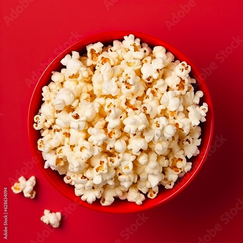 Popcorn in a red bowl on a red background, top view