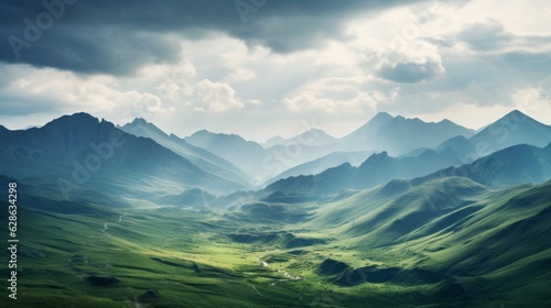 beautiful mountain landscape with green grass and clouds in the sky