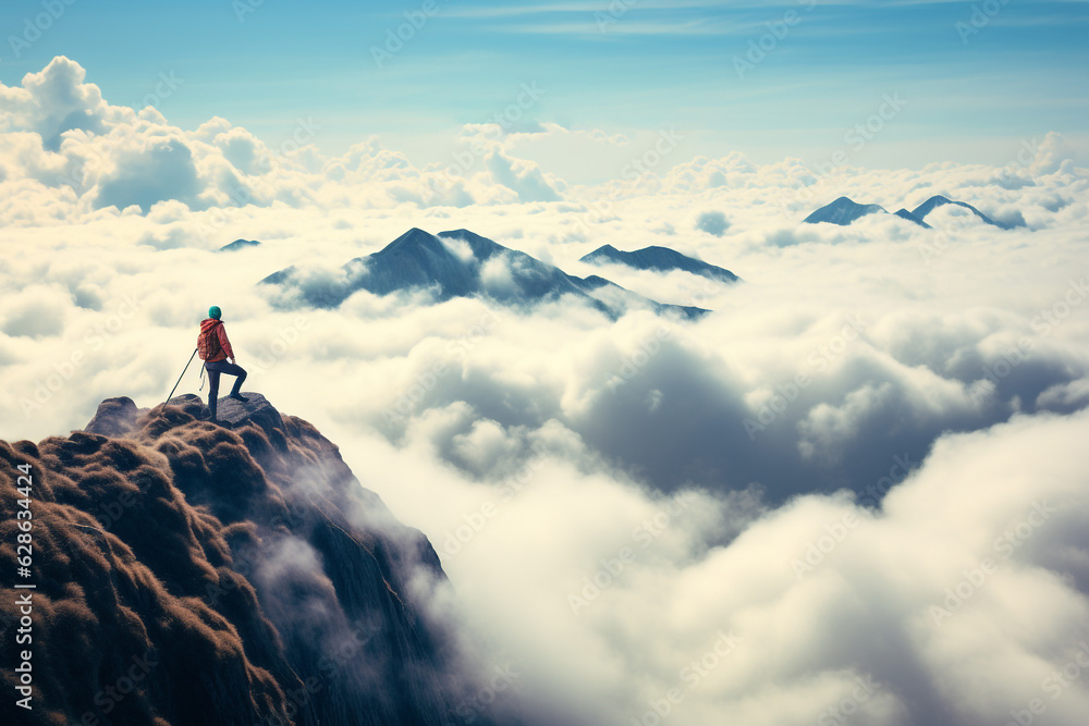 Landscape, business concept. Person standing on the top of the mountain above the clouds. Panoramic view with copy space. Person reached goal and success in life. Generative AI