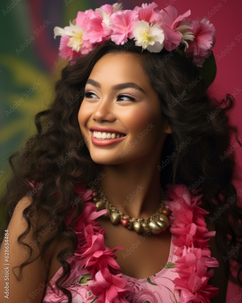 Naklejka premium beautiful young woman in hawaiian dress with flower wreath on pink background